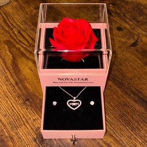 NOVASTAR CZ “MOM” Heart Necklace and Stud Earings and Silk Rose in Box  NEW